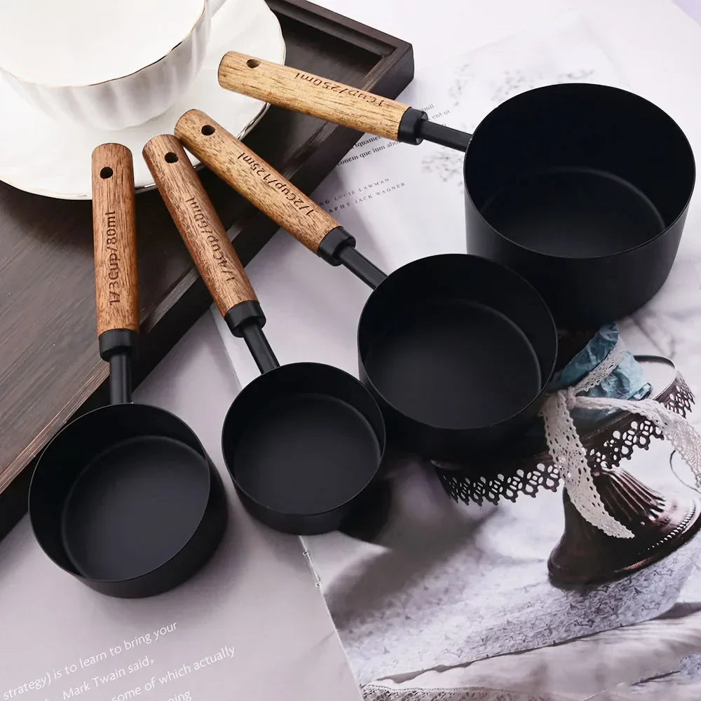Stainless Steel Measuring Cups and Spoons Set with Wooden Handles
