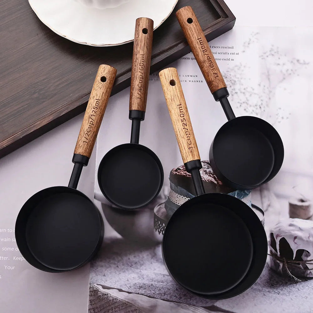 Stainless Steel Measuring Cups and Spoons Set with Wooden Handles