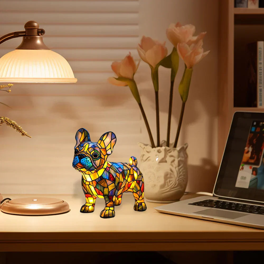 Stained Glass Dog Table Lamp with Colorful Ambient Light