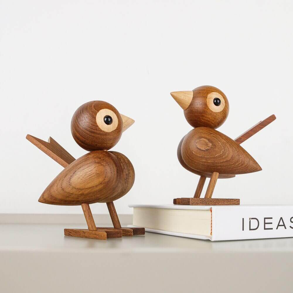 Nordic Wooden Lovebird Ornament in Natural Oak