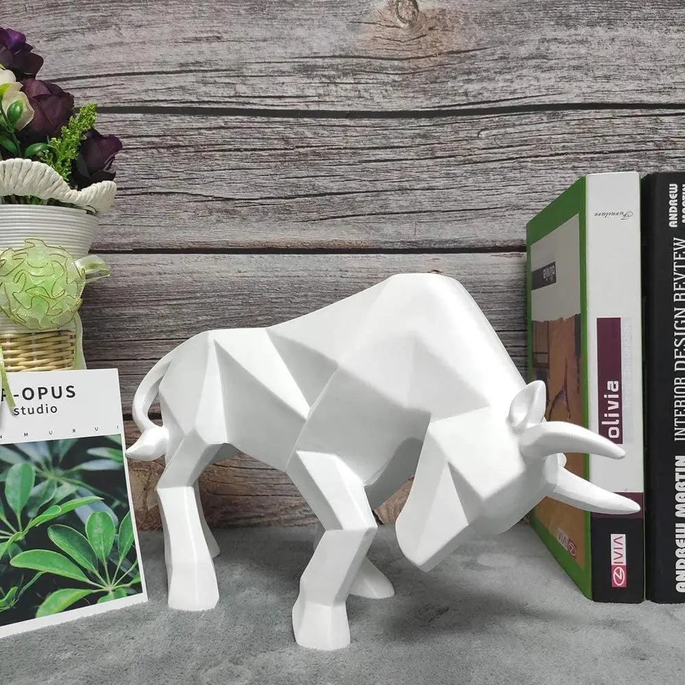 Modern Geometric Bull Figurine in Black and White Resin