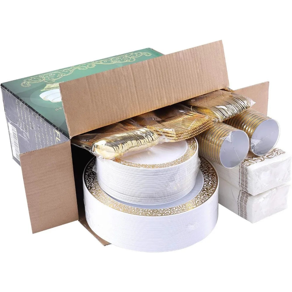 350-Piece Disposable Gold Lace Dinnerware Set for 50 Guests
