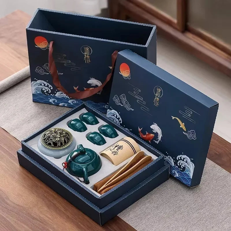 Traditional Ceramic Tea Set with Teapot, Cups, and Incense Holder