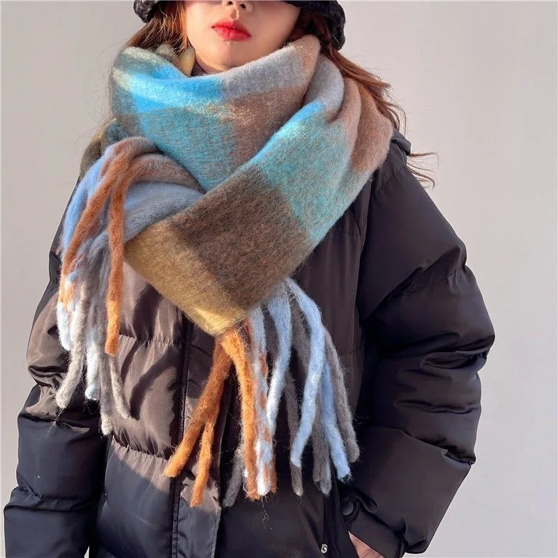Large Soft Plaid Wool Blend Winter Scarf with Fringed Edges