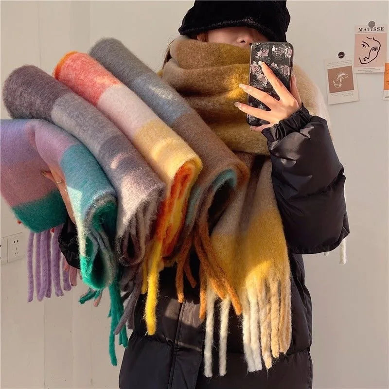 Large Soft Plaid Wool Blend Winter Scarf with Fringed Edges
