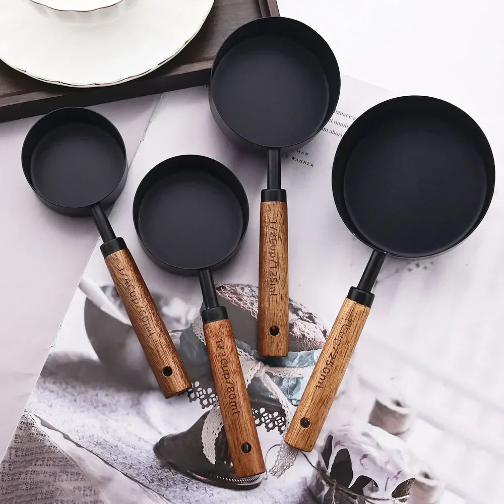 Stainless Steel Measuring Cups and Spoons Set with Wooden Handles