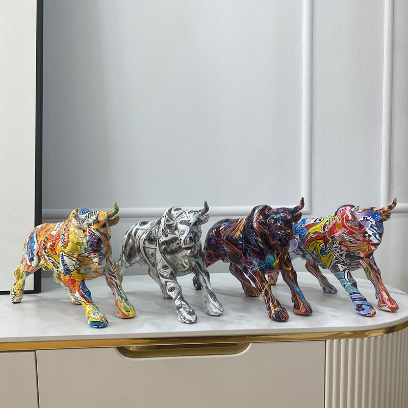 Graffiti Bull Figure Statue - Colorful Desk Ornament for Home and Office