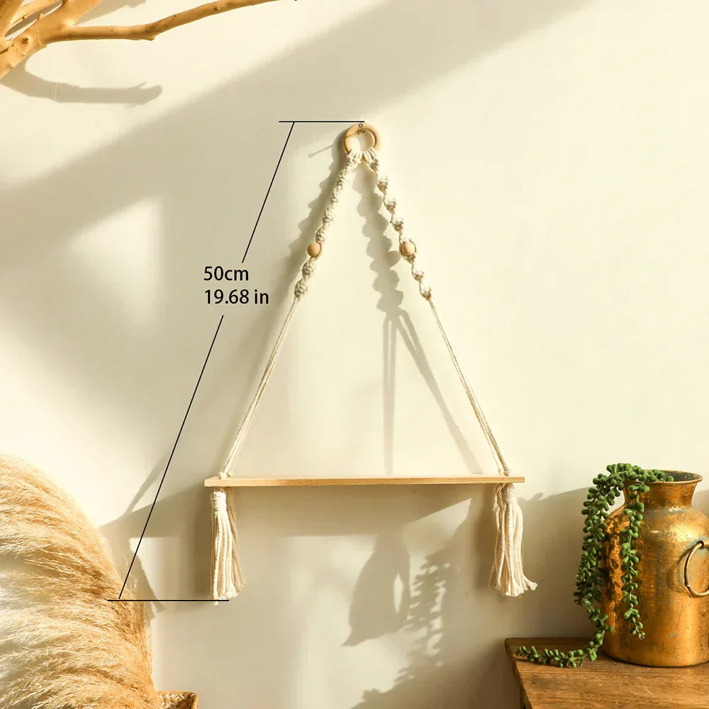 Wooden Macrame Floating Wall Shelf - Boho Rustic Home Decor