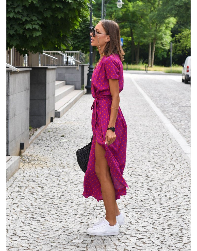Light Floral Summer Midi Dress with Belt and Slit