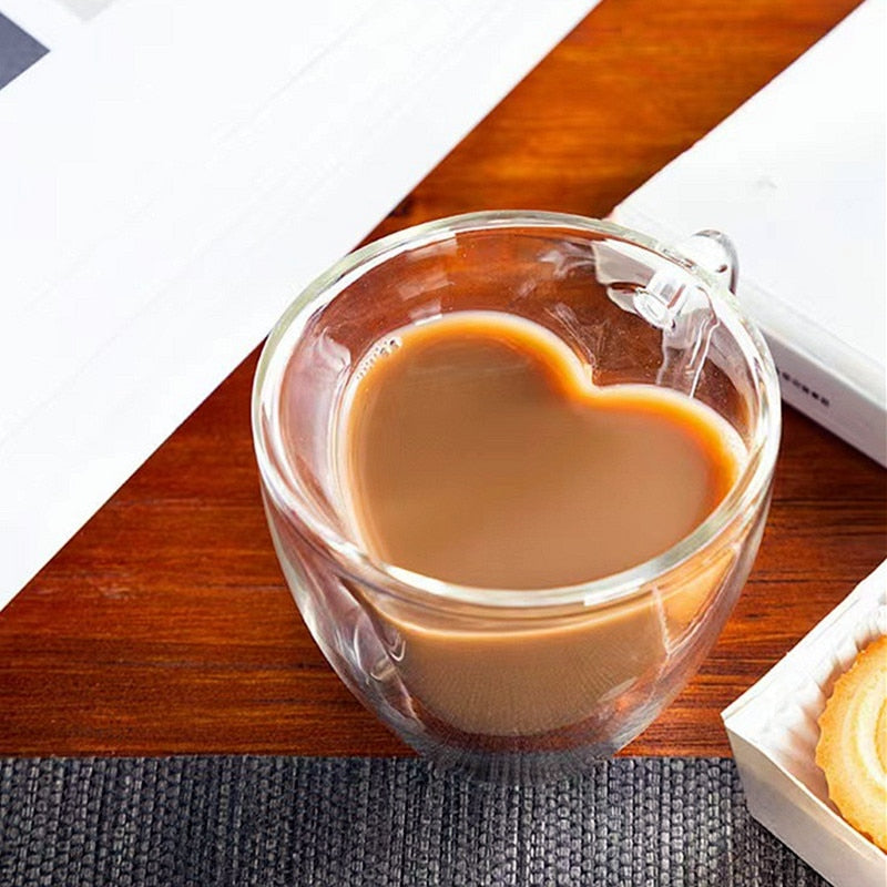 Heart-Shaped Double-Walled Glass Coffee Mug Insulated Tea Cup