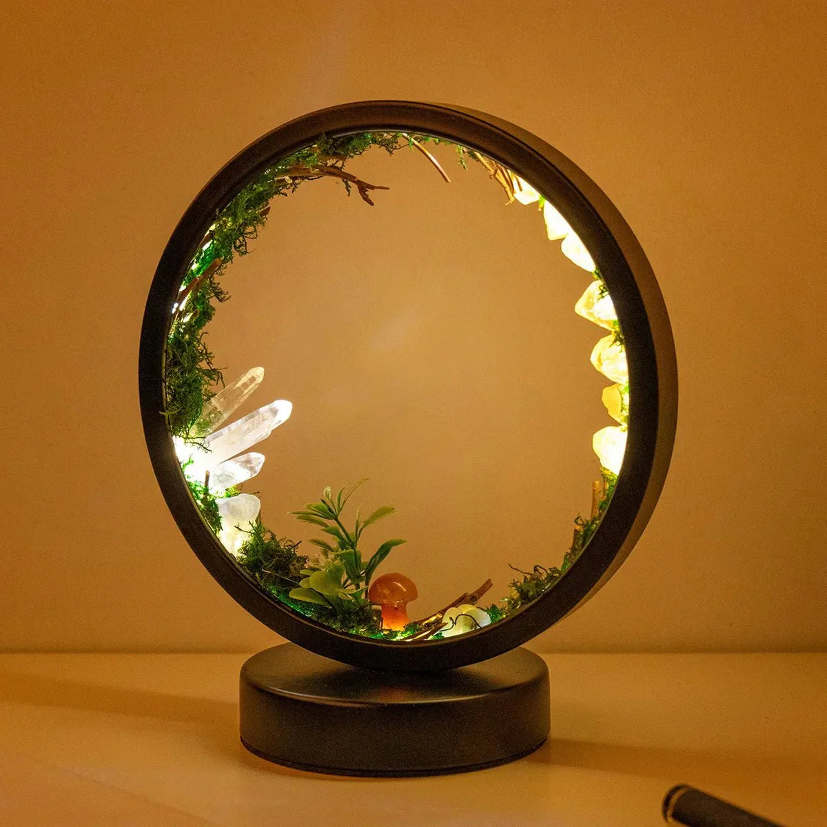 Elegant Round Night Lamp with Green Crystals and Plants