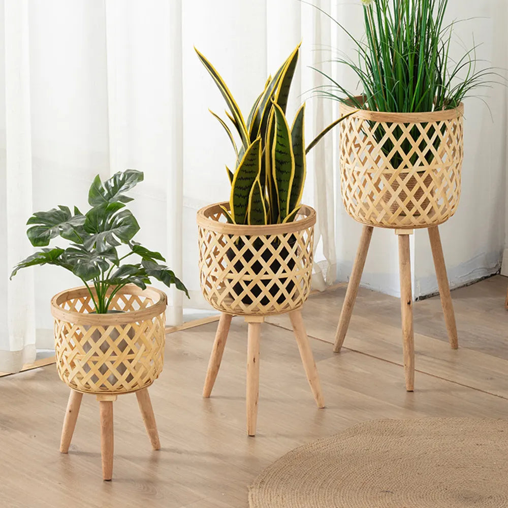 Handcrafted Bamboo Woven Flower Pot with Stand