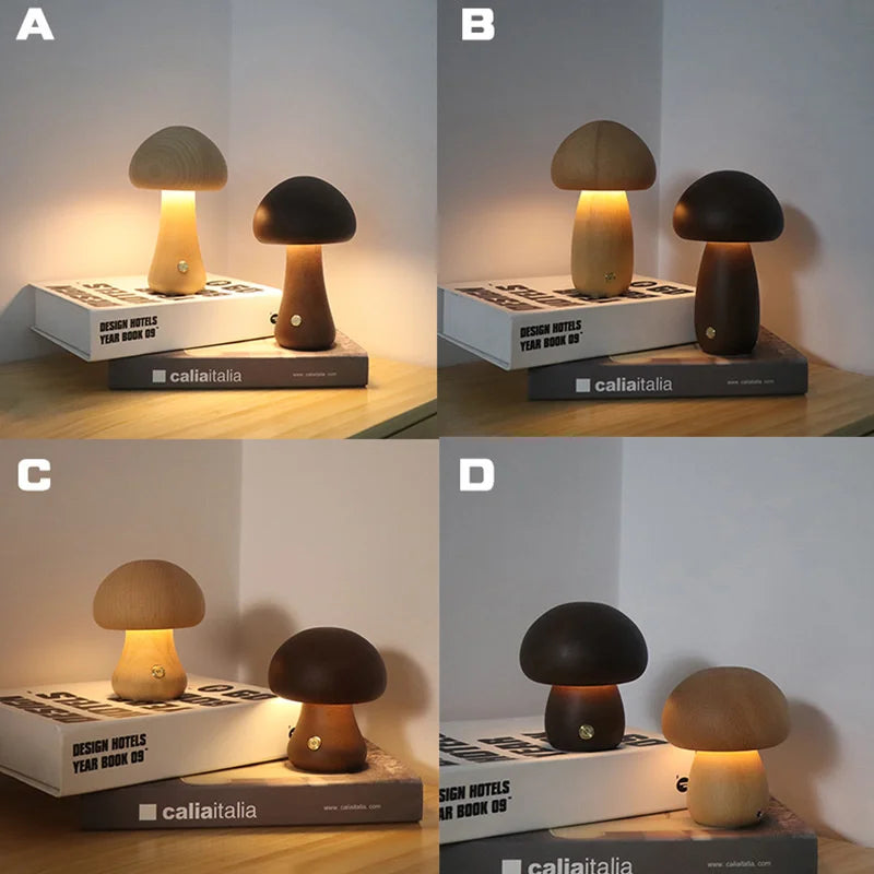 Mushroom-Shaped Wooden Touch-Control LED Lamp