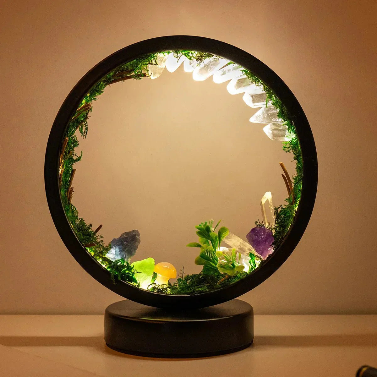 Elegant Round Night Lamp with Green Crystals and Plants