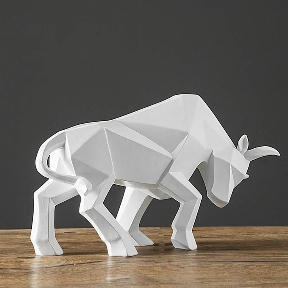 Modern Geometric Bull Figurine in Black and White Resin