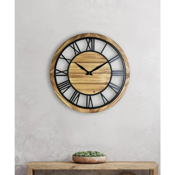 Rustic Wooden Wall Clock with Large Roman Numerals