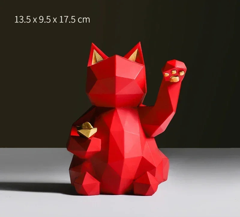 Geometric Lucky Cat Statue in Red and White Resin