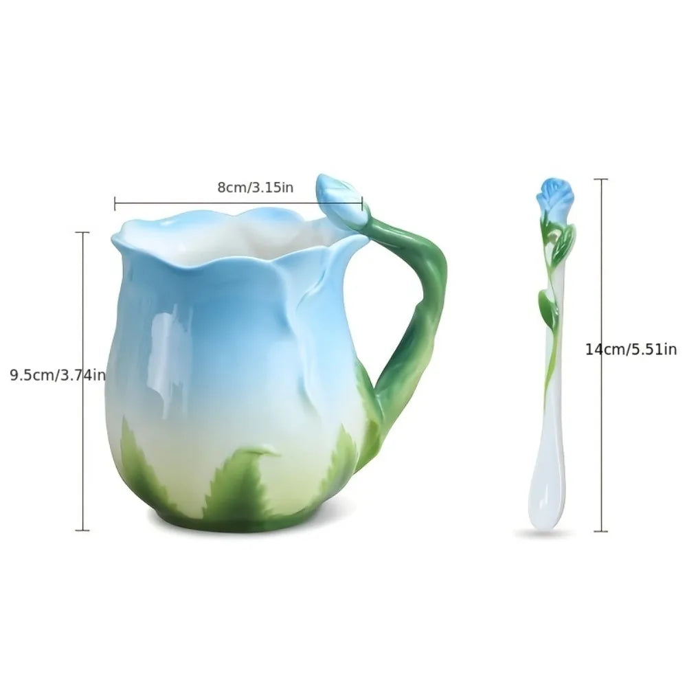 Ceramic 3D Rose Flower Coffee Mug with Spoon