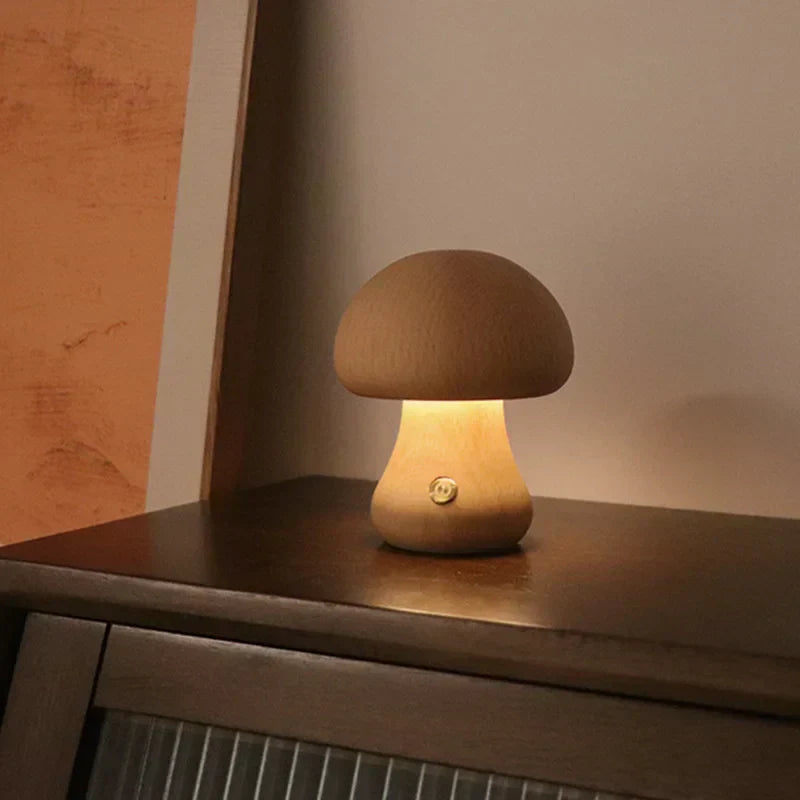 Mushroom-Shaped Wooden Touch-Control LED Lamp