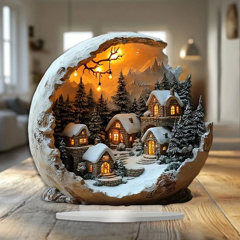 Boho Acrylic Winter Village Table Decoration with Warm Light