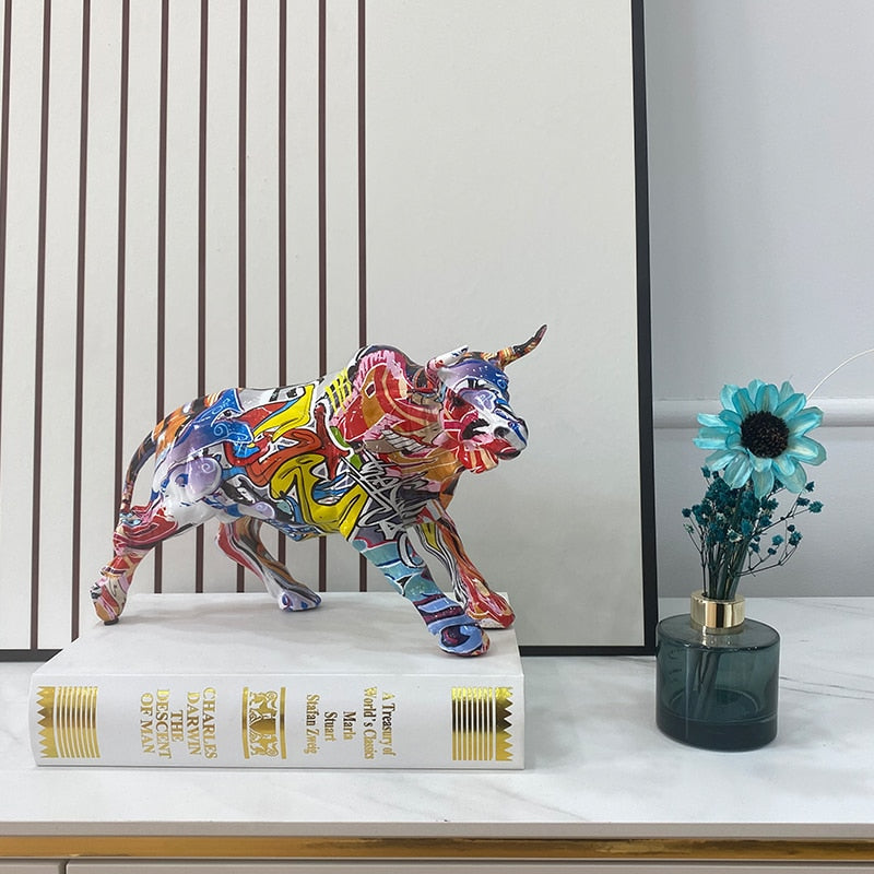 Graffiti Bull Figure Statue - Colorful Desk Ornament for Home and Office