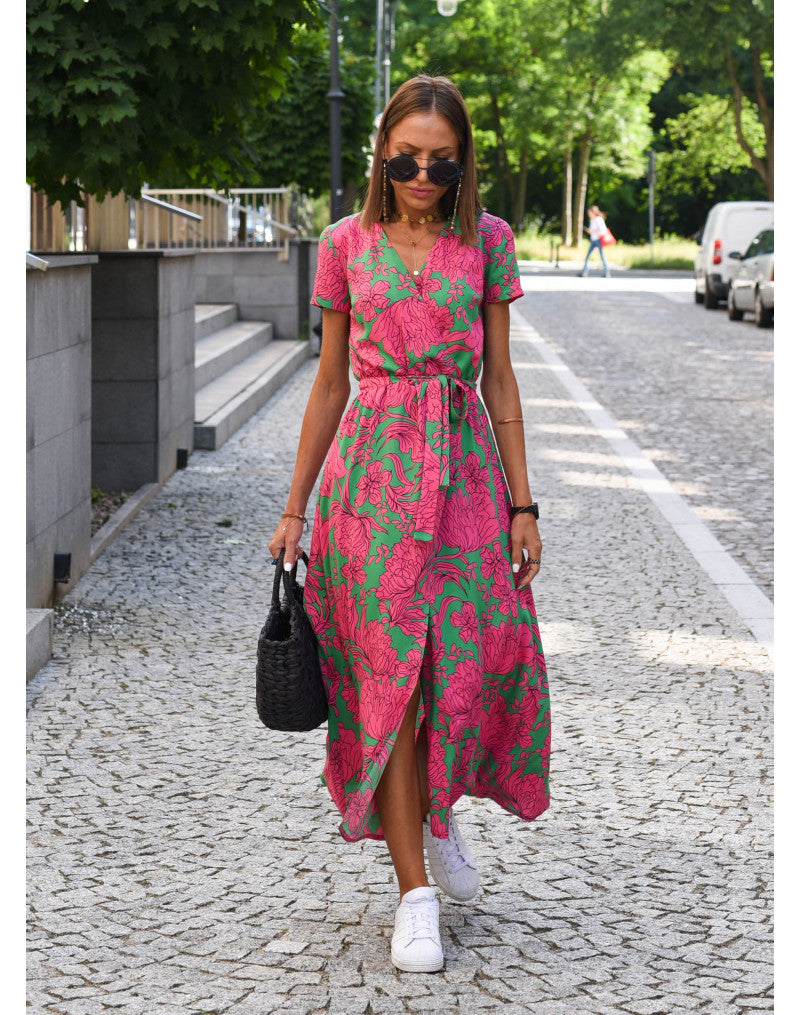 Light Floral Summer Midi Dress with Belt and Slit