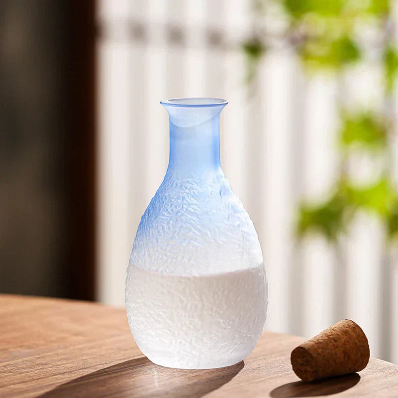 Ombre Blue Glass Sake Set with Carafe, Cups, and Tray