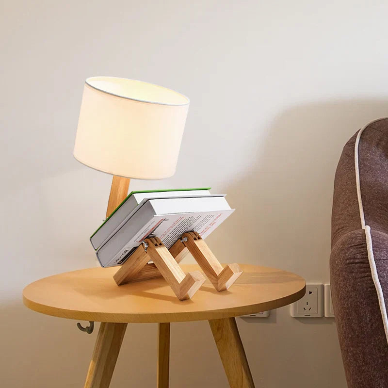 Wooden Robot Table Lamp with LED Light and Fabric Shade