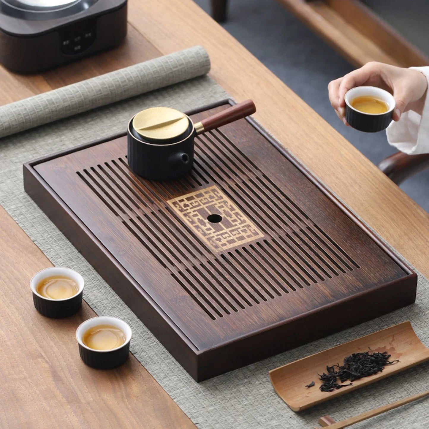 Bamboo Chinese Tea Tray with Removable Water Storage and Quick Drainage