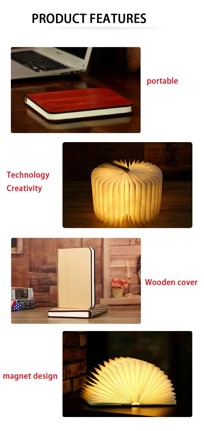 3D Folding Wooden LED Book Light with 7-Color Options