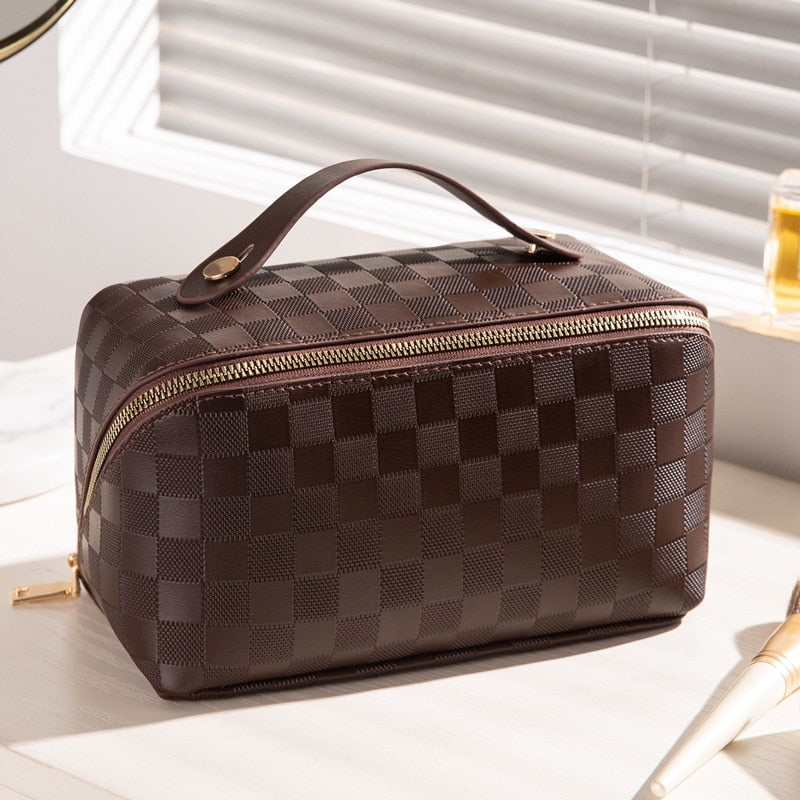Luxury Checkered PU Leather Cosmetic Bag