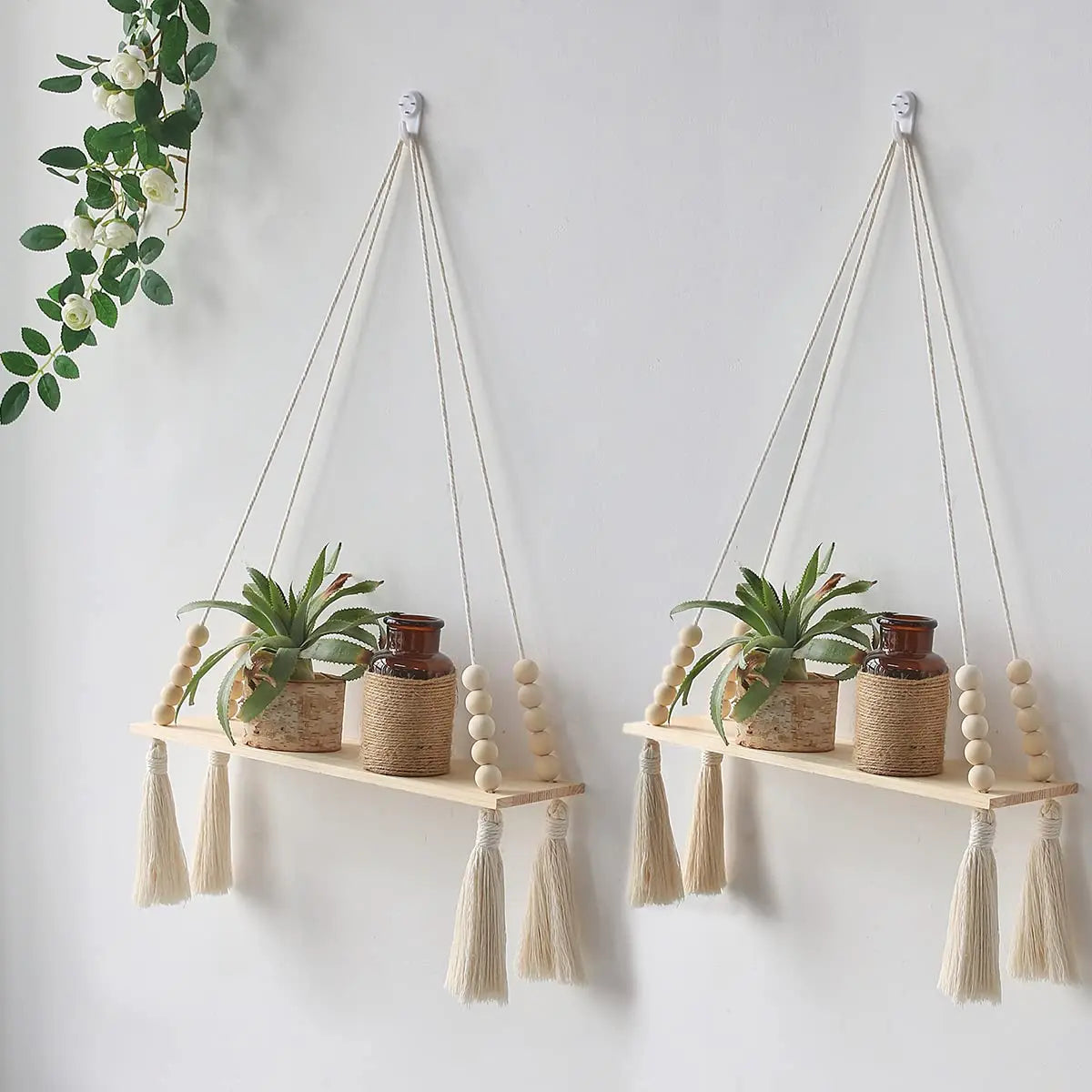 Wooden Macrame Floating Wall Shelf - Boho Rustic Home Decor