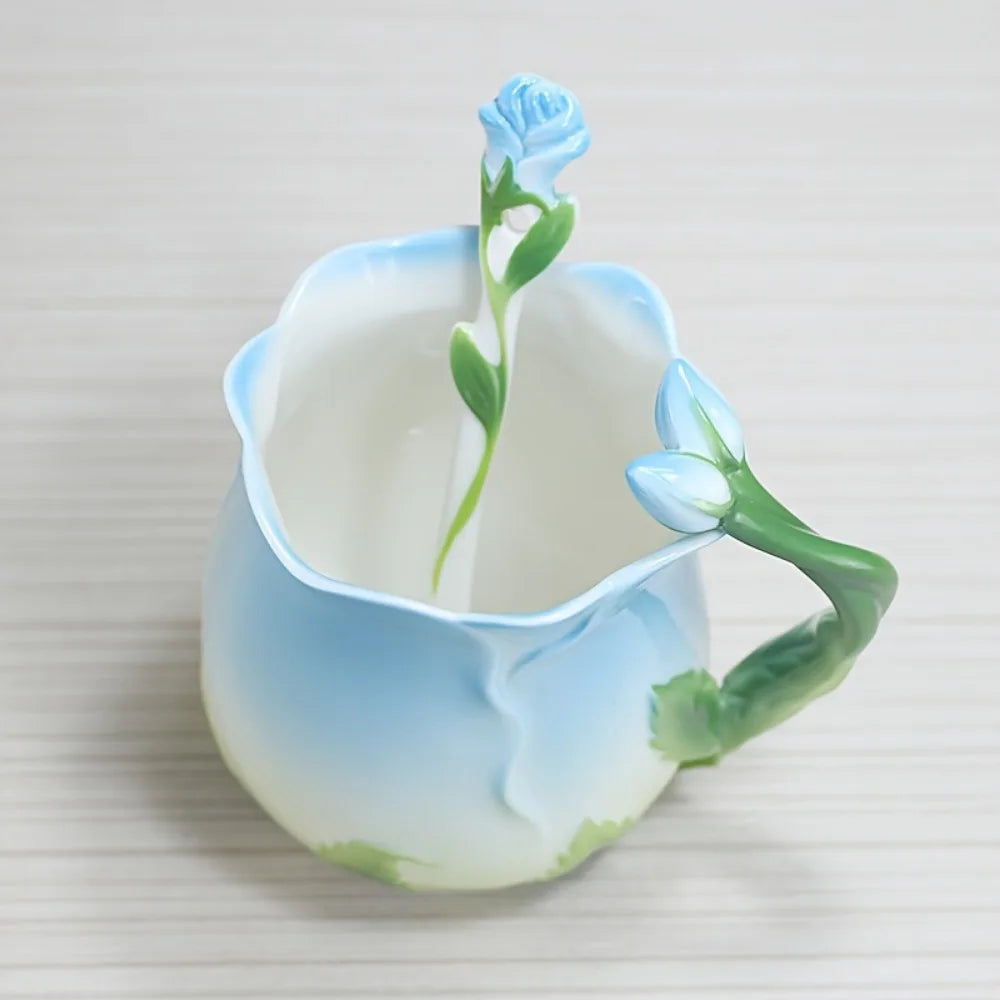 Ceramic 3D Rose Flower Coffee Mug with Spoon