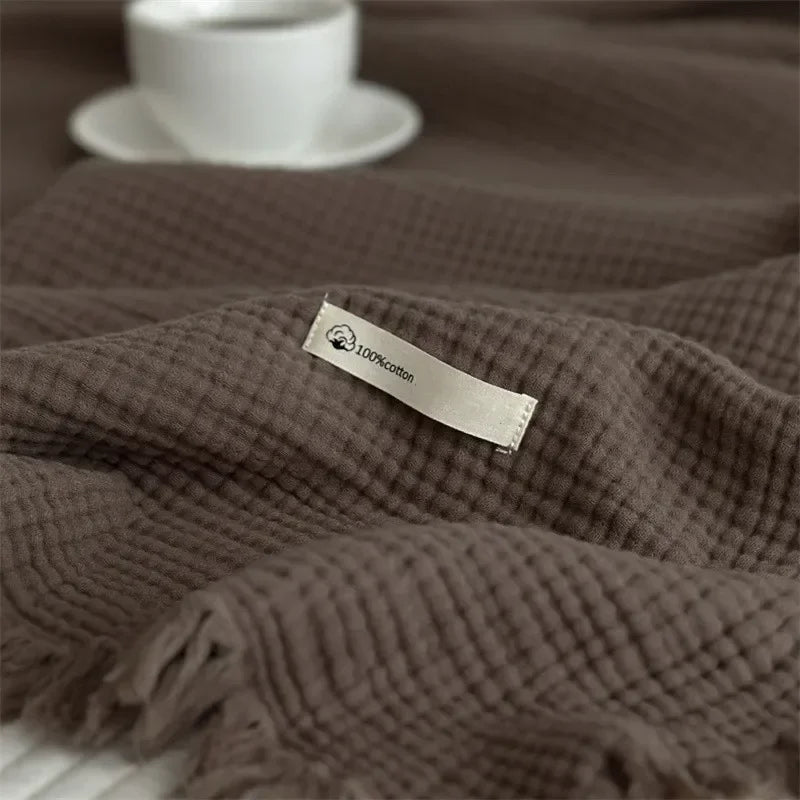 Solid Color Cotton Sofa Blanket with Fringed Edges