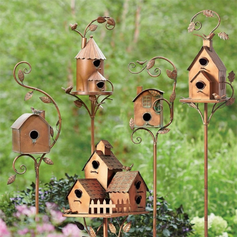 Metal Art Birdhouse Garden Stake for Outdoor Decor