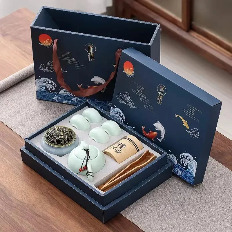 Traditional Ceramic Tea Set with Teapot, Cups, and Incense Holder