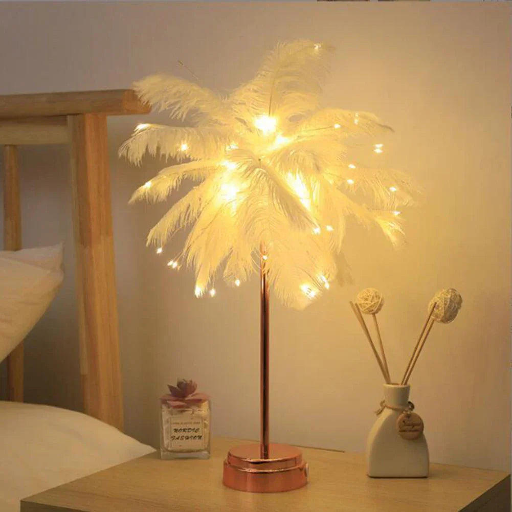 LED Feather Table Lamp with Remote Control - USB Powered Nightstand Light