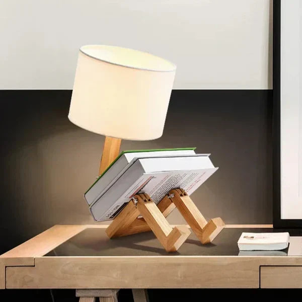 Wooden Table Lamp with Book Storage and Adjustable Design