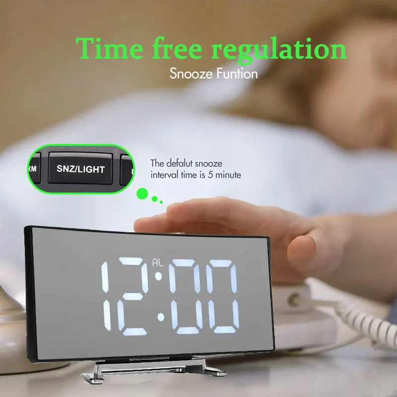Curved LED Digital Alarm Clock with Snooze and Mirror Finish