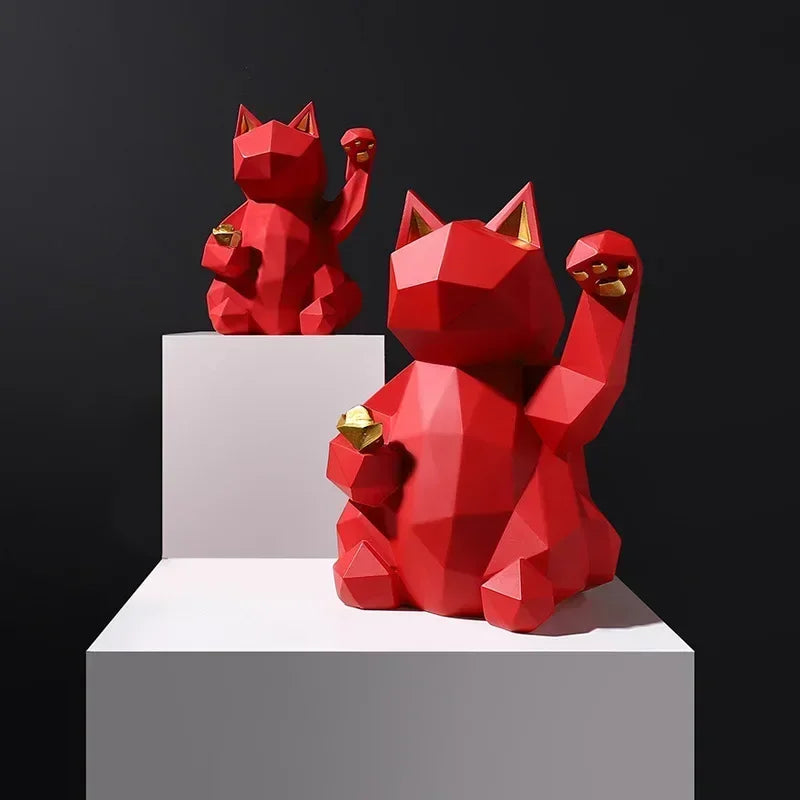 Geometric Lucky Cat Figurines in Red and White Resin