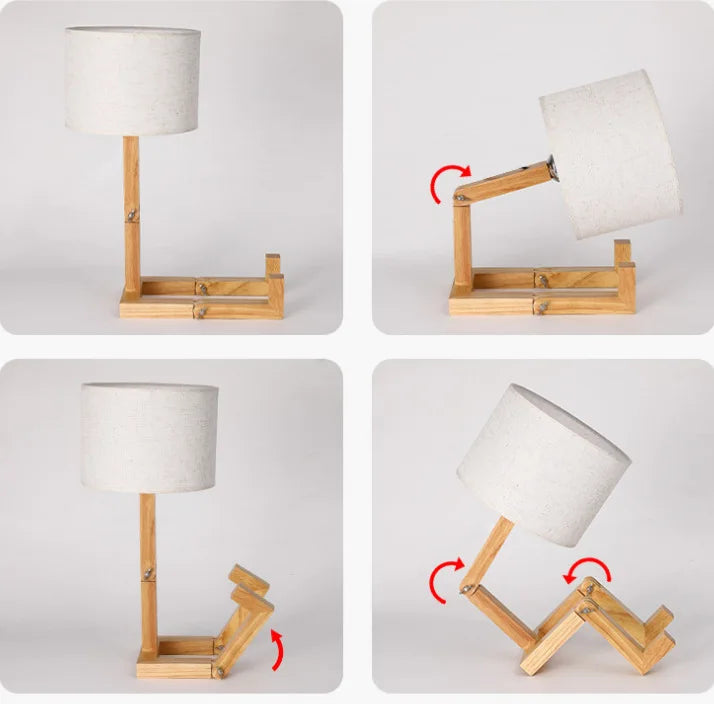 Wooden Robot Table Lamp with LED Light and Fabric Shade