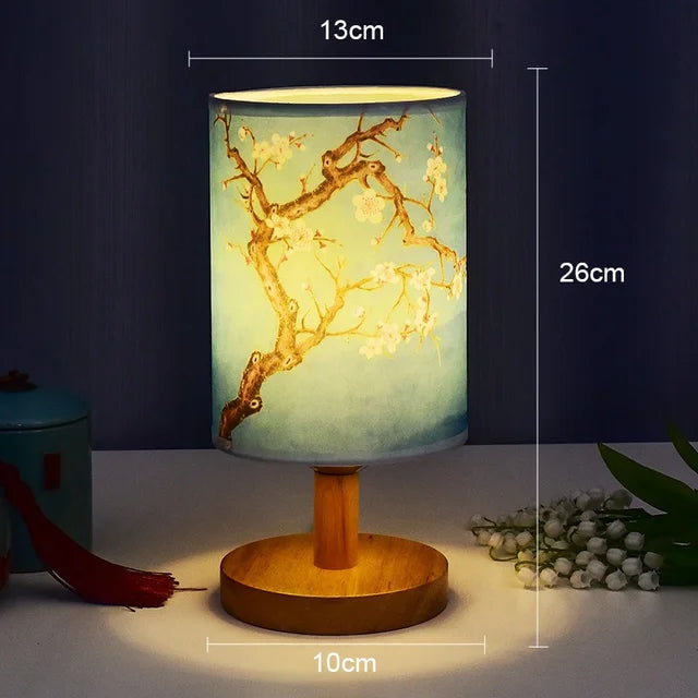 Dimmable LED Bedside Lamp with Plum Blossom Fabric Shade