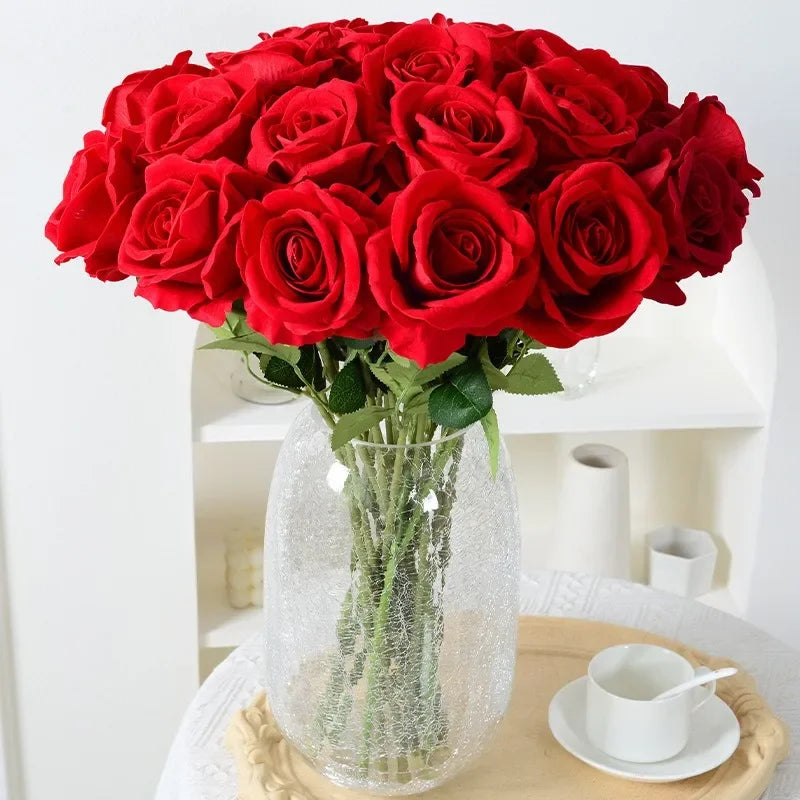 Realistic Velvet Silk Rose Bouquet - 20 Artificial Flowers for Weddings and Events