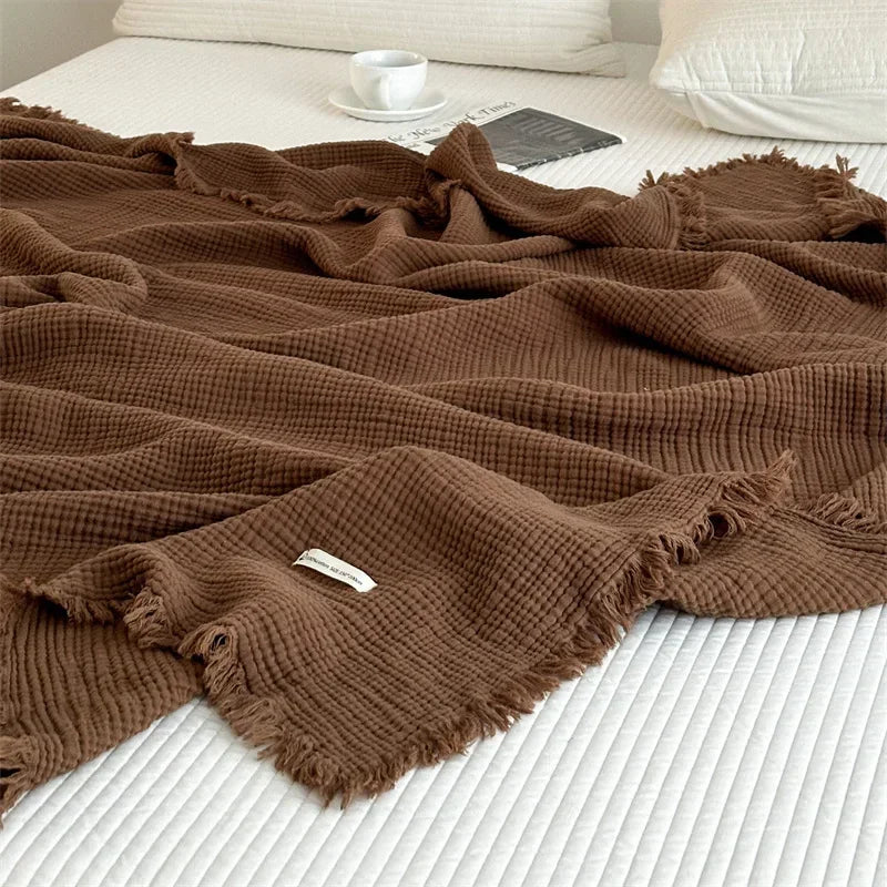 Solid Color Cotton Sofa Blanket with Fringed Edges