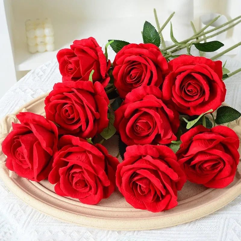 Realistic Velvet Silk Rose Bouquet - 20 Artificial Flowers for Weddings and Events