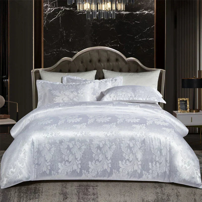 Satin Rayon Jacquard Duvet Cover Set in Gold and Blue