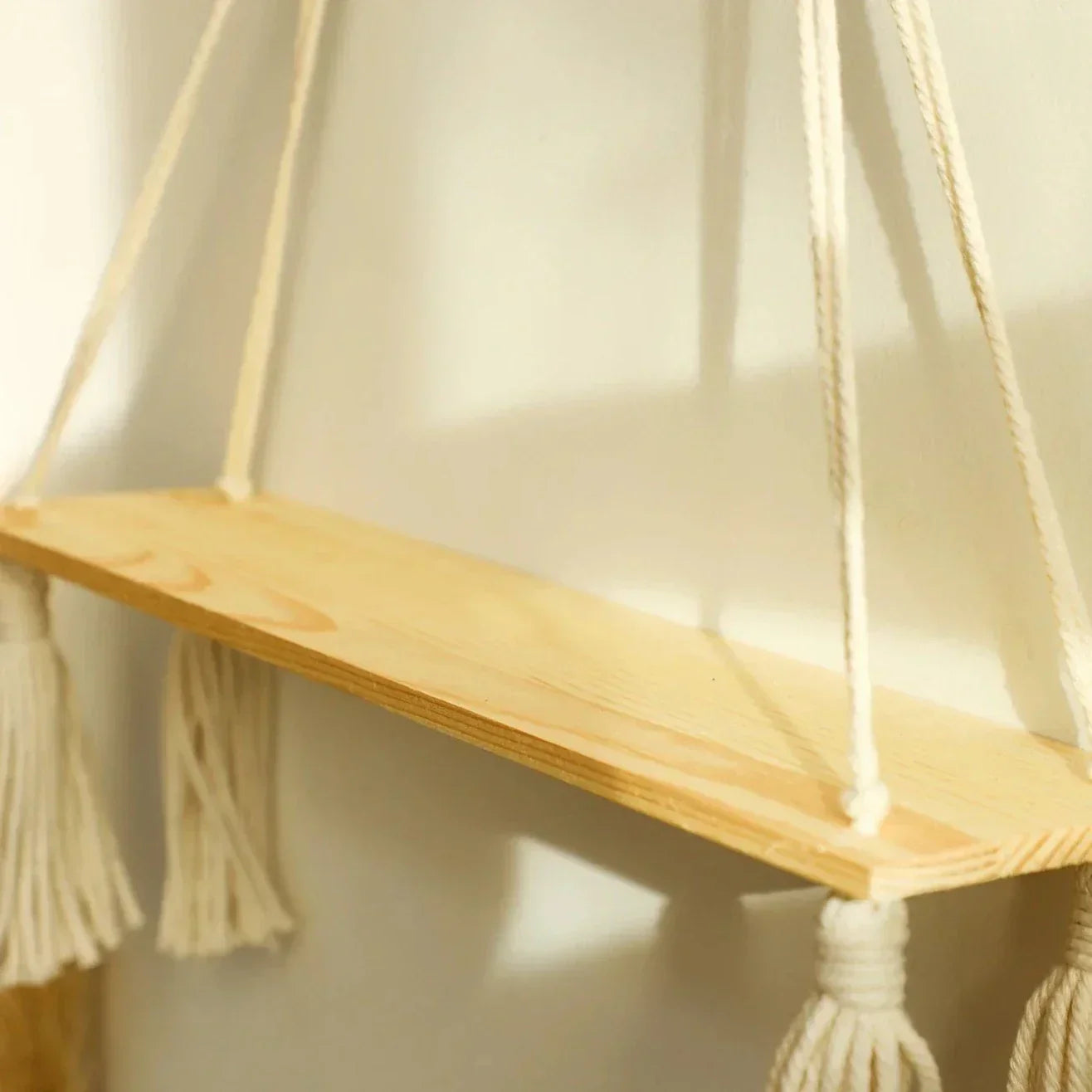 Wooden Macrame Floating Wall Shelf - Boho Rustic Home Decor