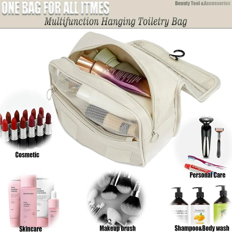 Compact Hanging Toiletry Bag with 6 Compartments and Water-Resistant Polyester