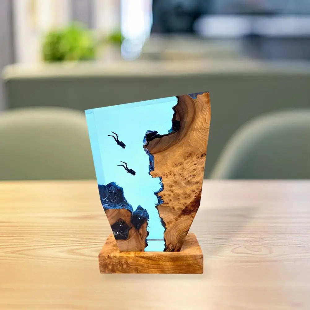 LED Ocean Diver Table Lamp with Epoxy Resin and Wood Design
