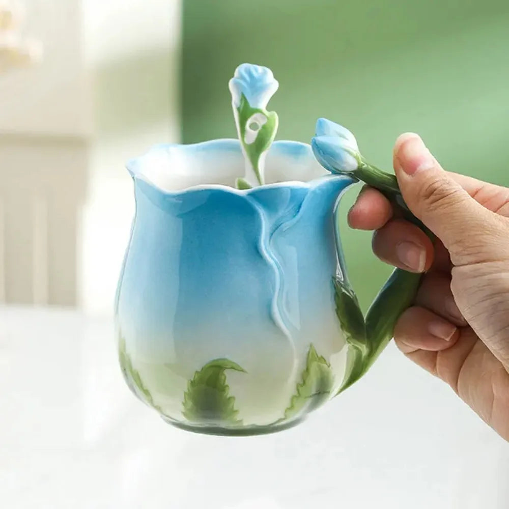 Ceramic 3D Rose Flower Coffee Mug with Spoon